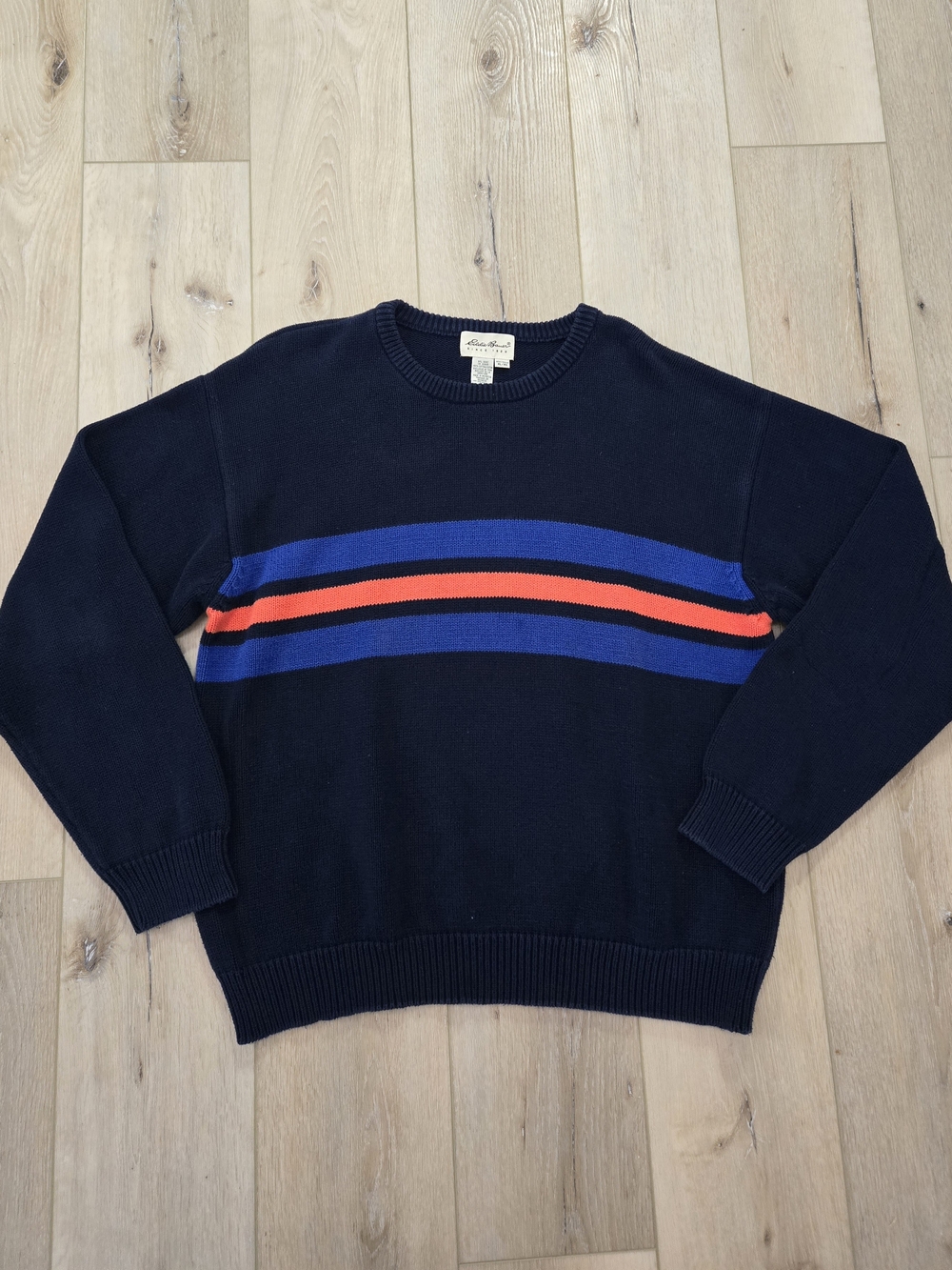Vintage Eddie Bauer Cotton Crewneck Knit Pullover Sweater Men's XL Navy Striped